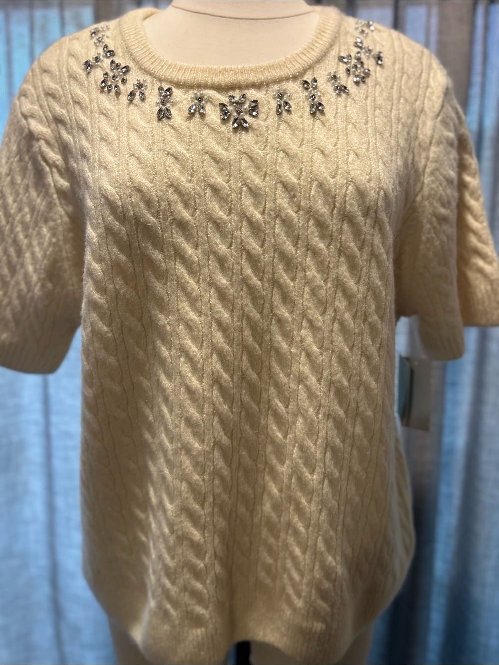 CeCe Cream Cable-Knit Short-Sleeve Sweater with Crystal Neckline